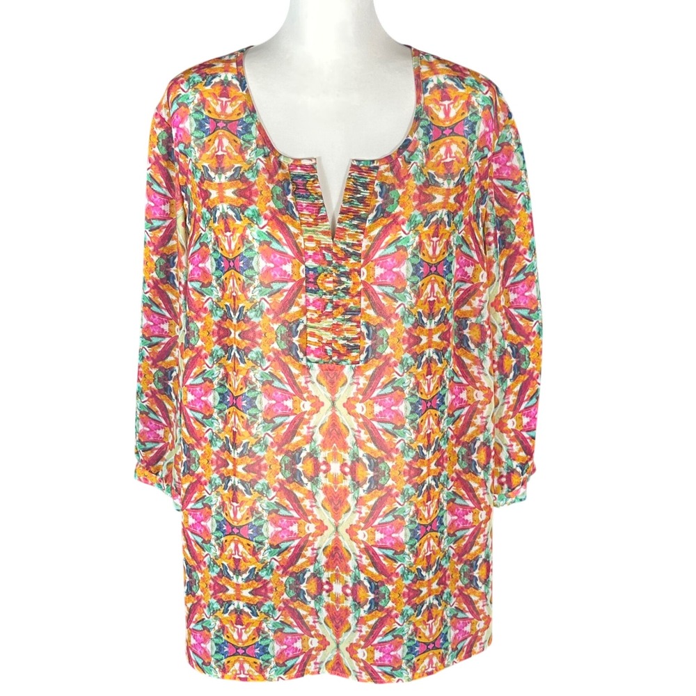 Coldwater Creek Tunic Blouse Women 2X Multicolor Kaleidoscope Print Split Neck